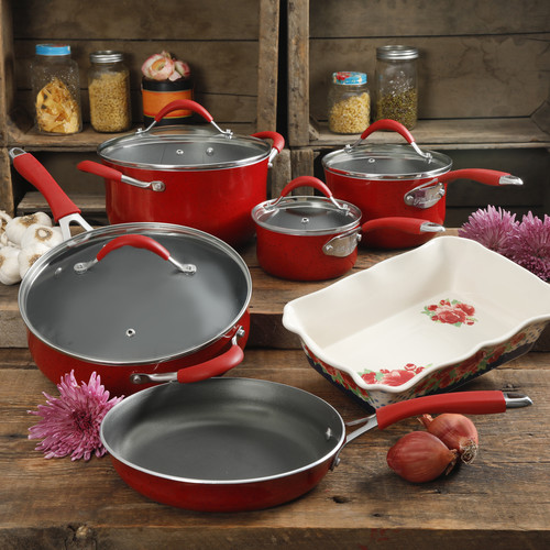 The Pioneer Woman Frontier Speckle Nonstick Cookware Set w/Floral Baker  10pc Red